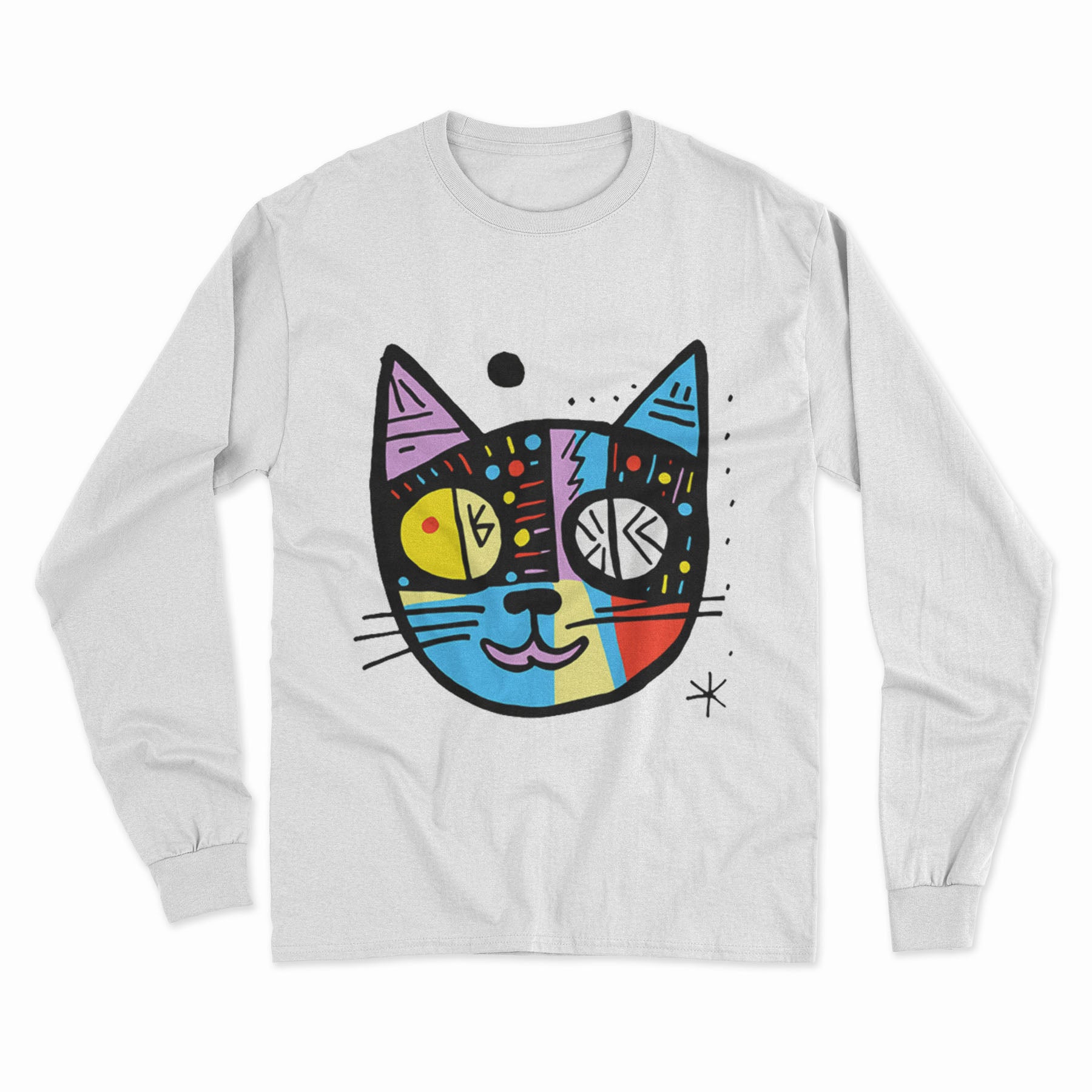 Colorful Cat Art Long Sleeve Tee – Standout Party Wear for Music & Social Gatherings