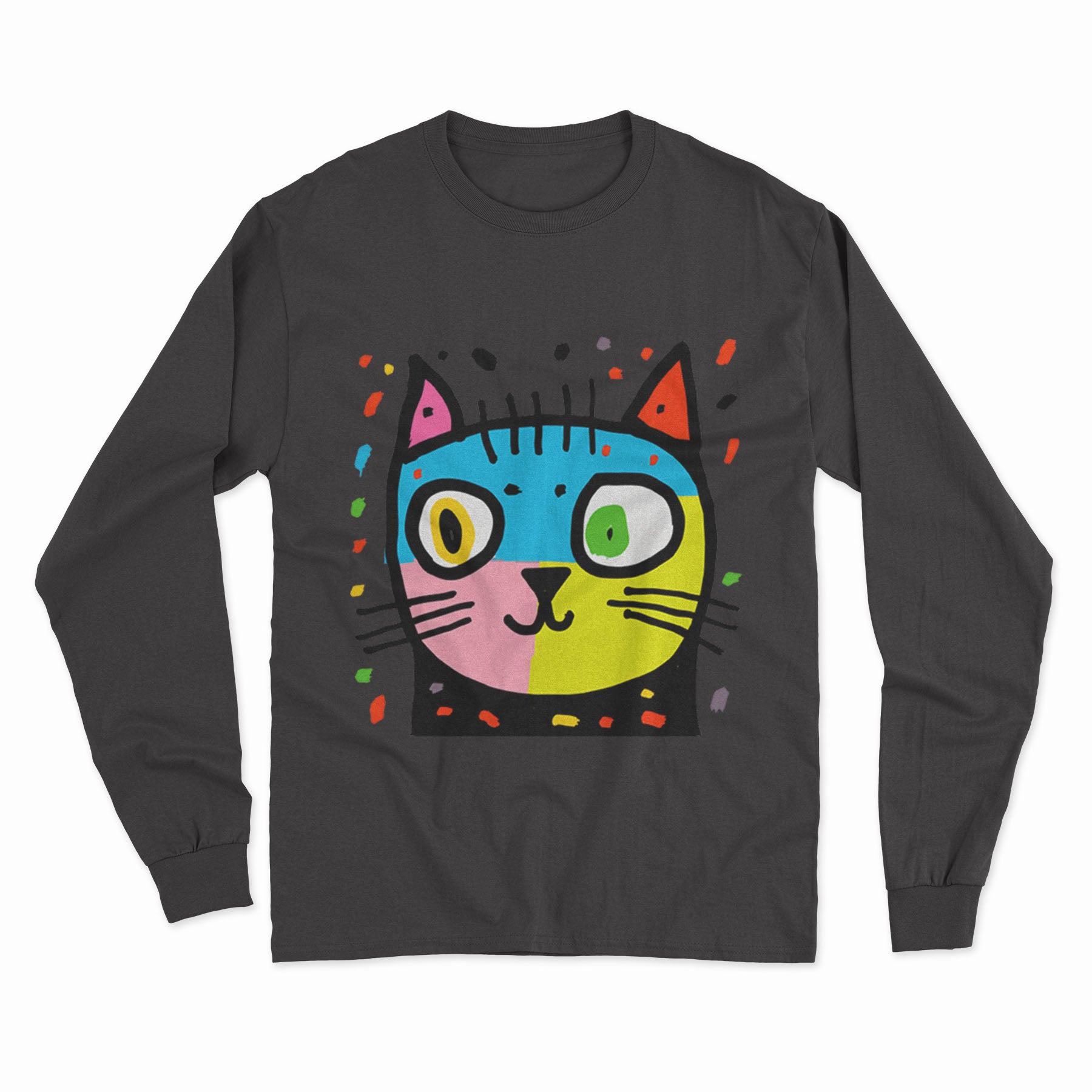 Neon Psychedelic Cat Long Sleeve Tee – Bold & Eye-Catching Look for Any Celebration