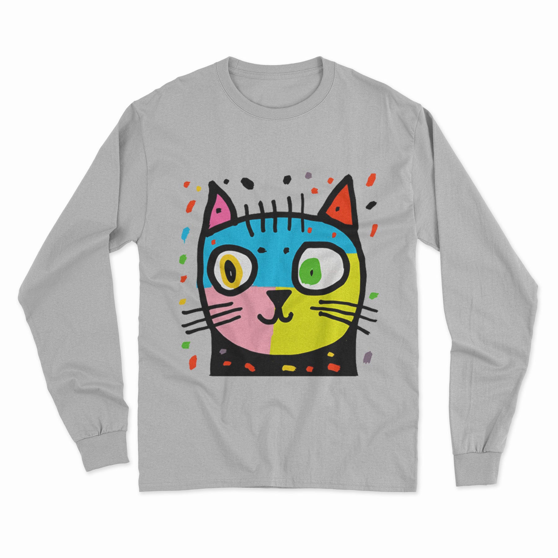 Neon Psychedelic Cat Long Sleeve Tee – Bold & Eye-Catching Look for Any Celebration