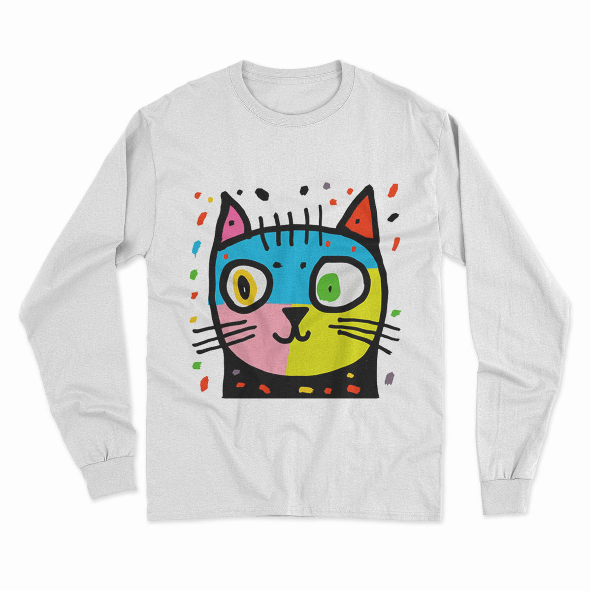 Neon Psychedelic Cat Long Sleeve Tee – Bold & Eye-Catching Look for Any Celebration