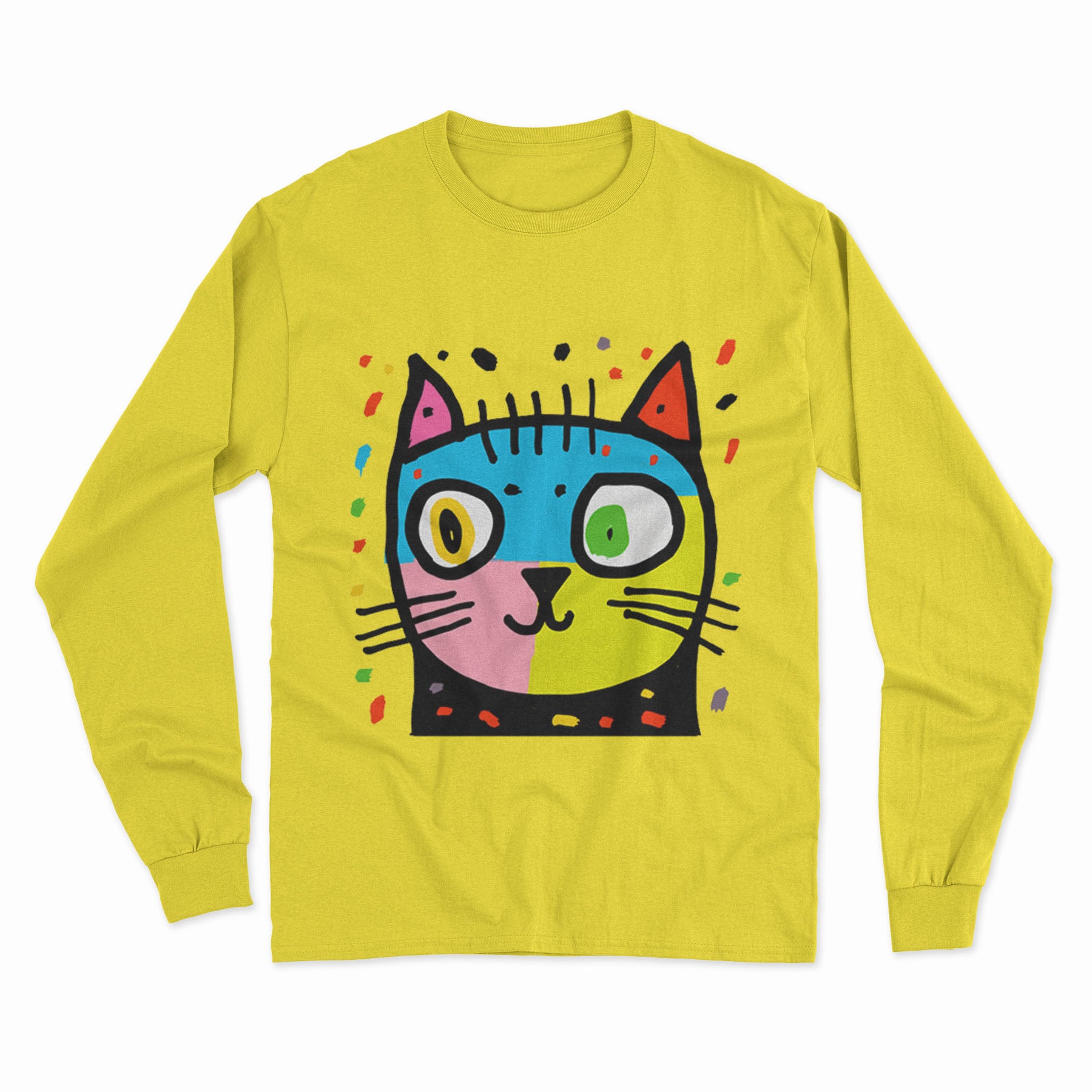 Neon Psychedelic Cat Long Sleeve Tee – Bold & Eye-Catching Look for Any Celebration