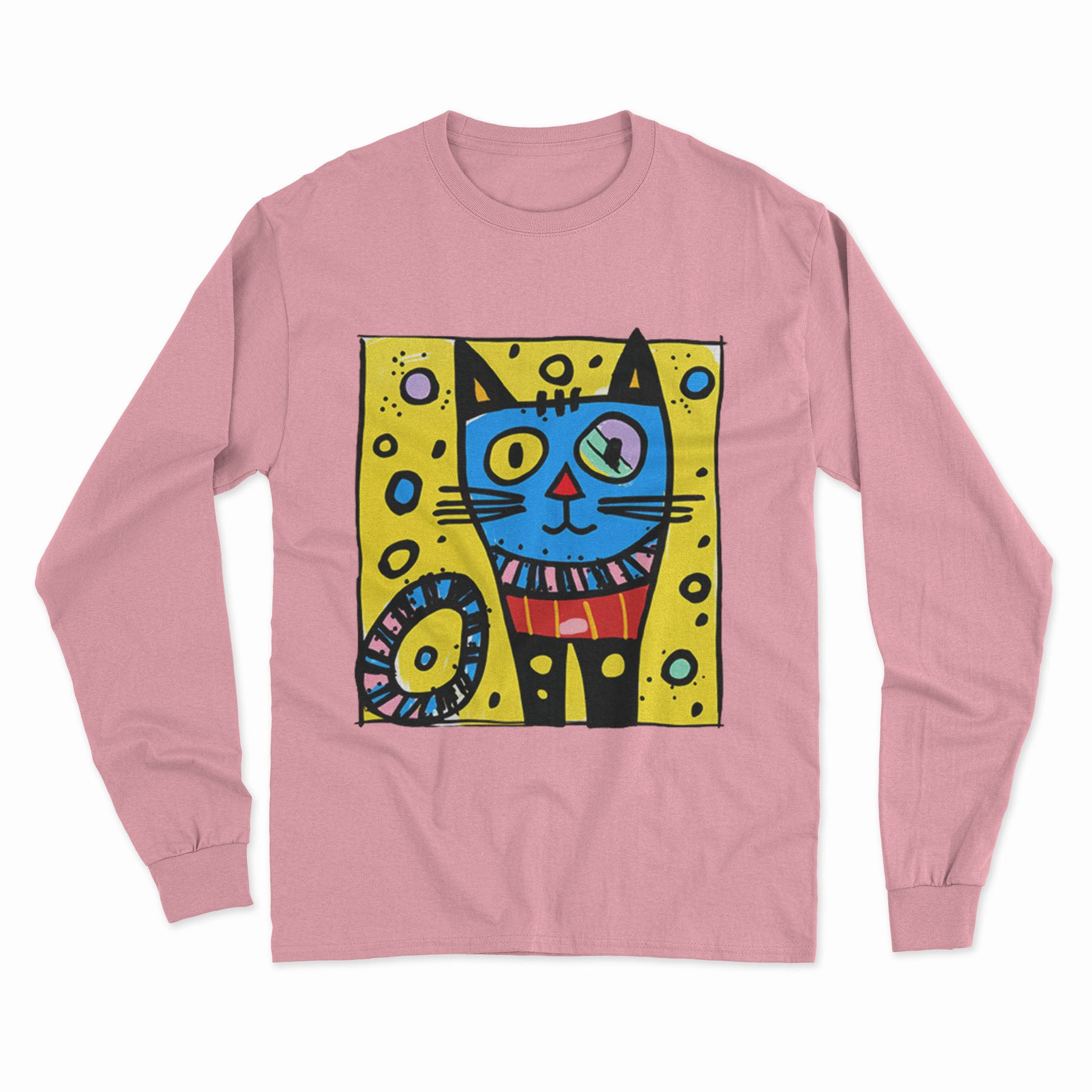Easy-to-Wear Cat Print Long Sleeve T-Shirt – Soft Fabric for Lounging or Running Errands