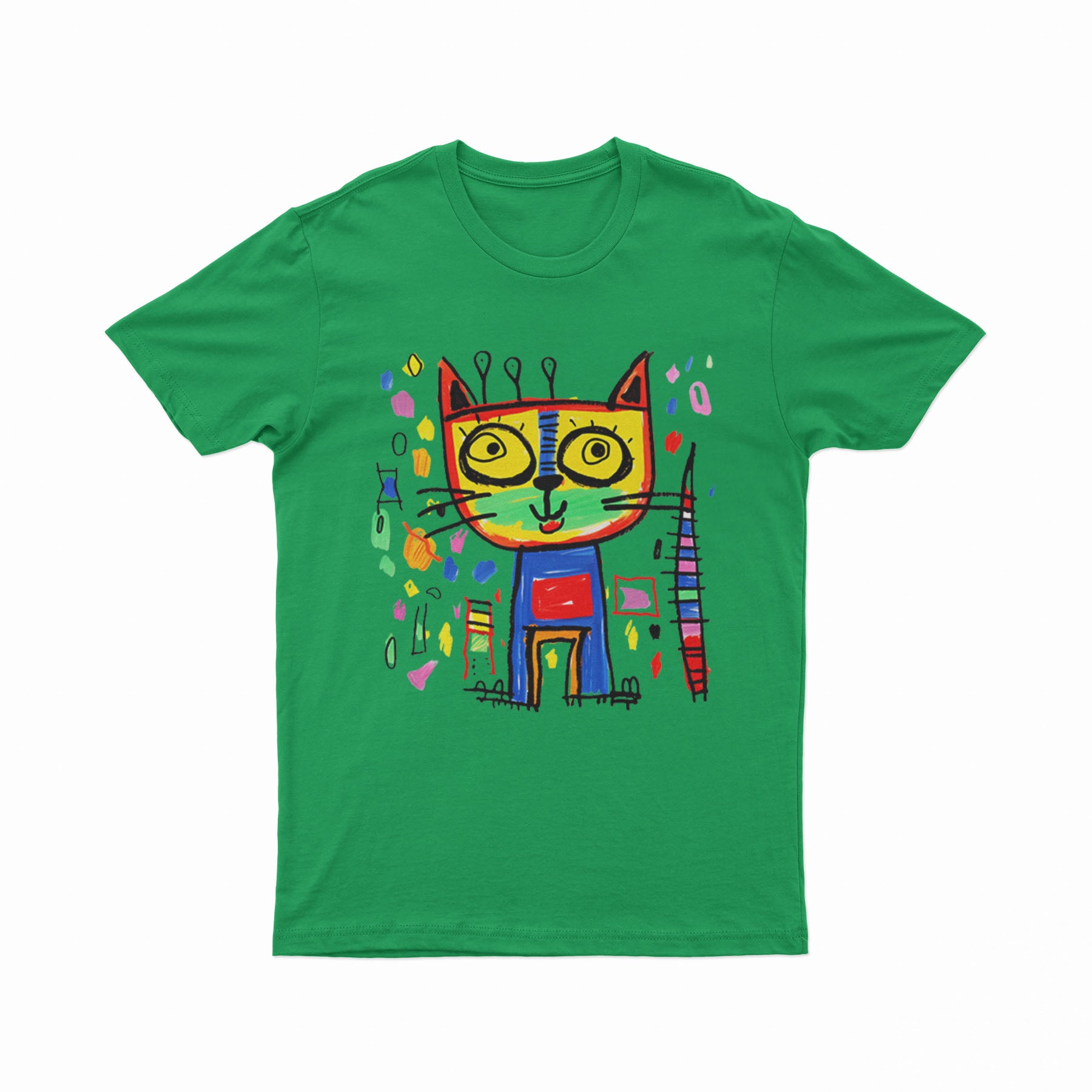 FunkyKolors Color Burst Cat T-Shirt – Bright & Bold Casual Wear for Music & Art Enthusiasts