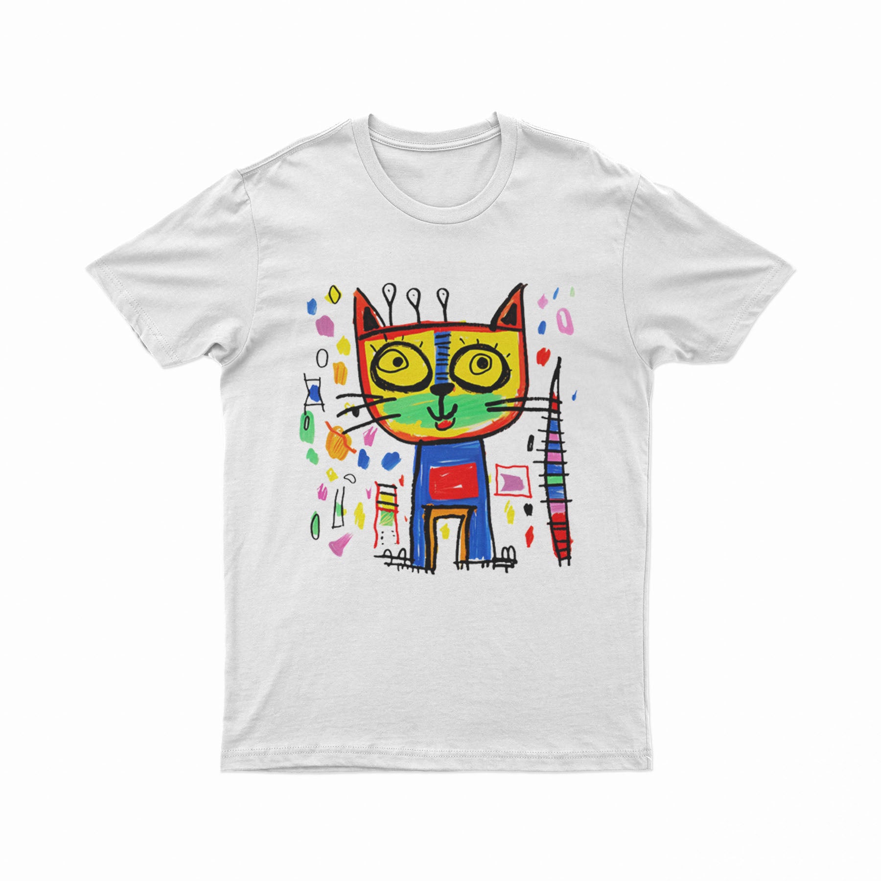 FunkyKolors Color Burst Cat T-Shirt – Bright & Bold Casual Wear for Music & Art Enthusiasts